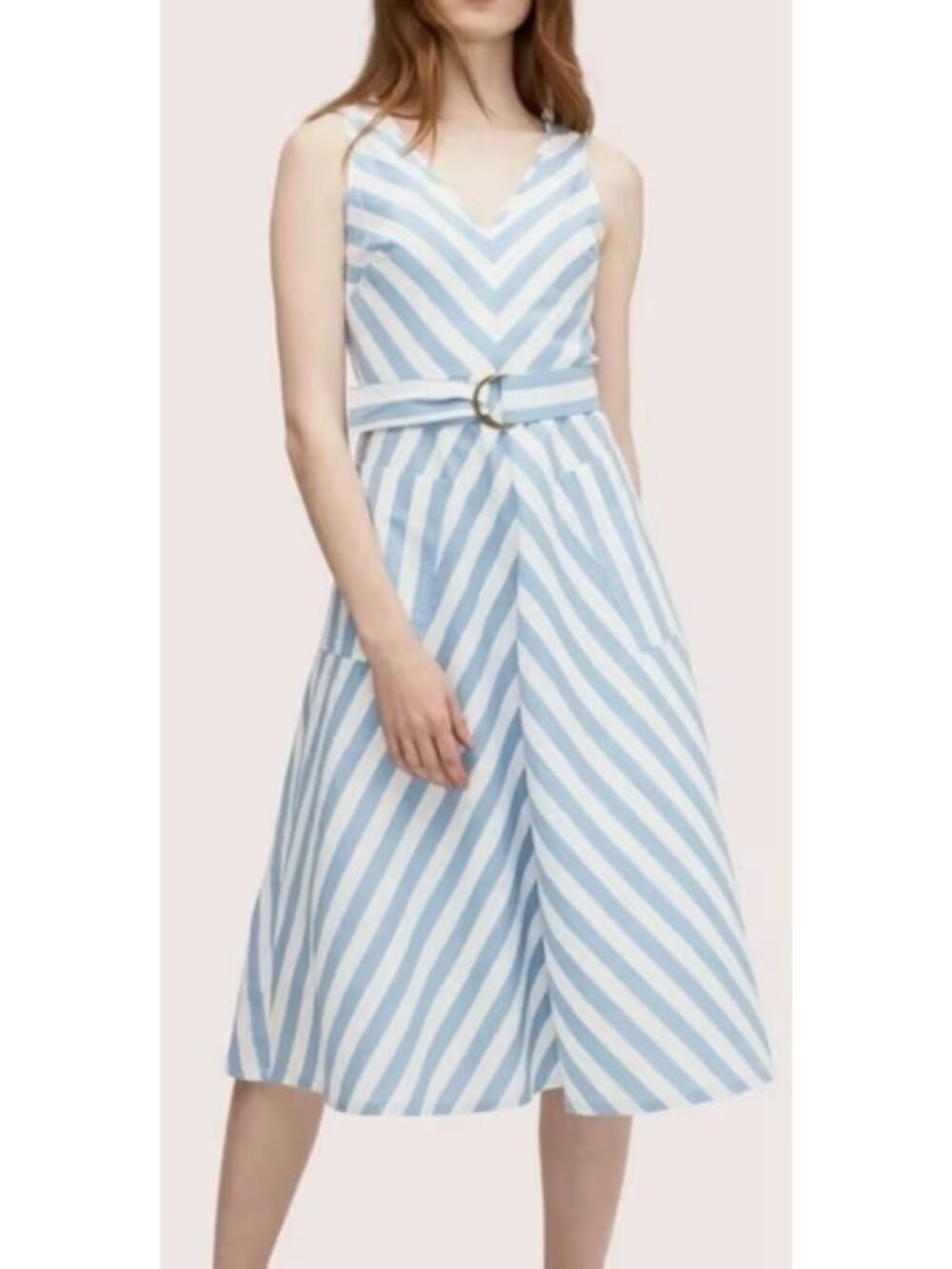 KATE SPADE NEW YORK Linen-Cotton Stripe Belted V-Neck Midi Dress Blue White Sz 4